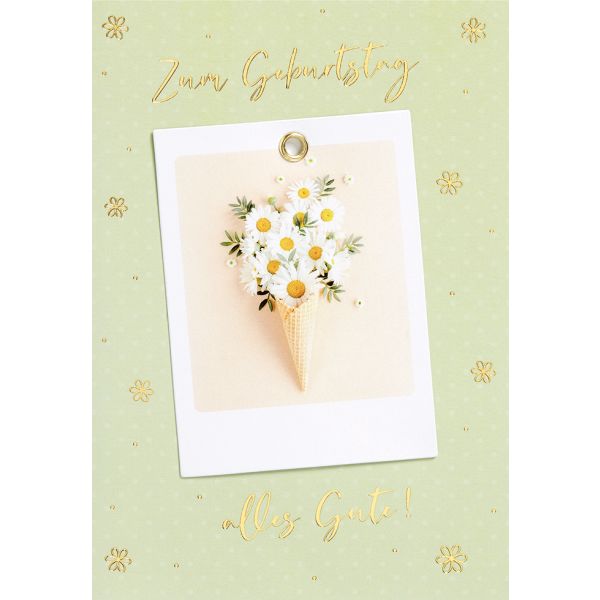 Geburtstag unverpackte Glückwunschkarte mit Umschlag  Zum Geburtstag alles Gute Eiswaffel mit Blumen