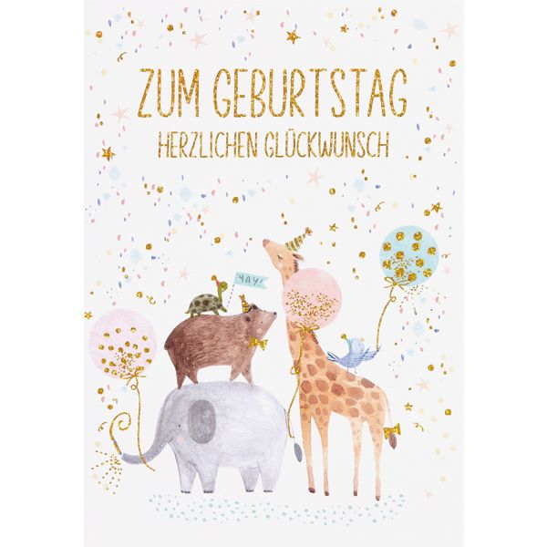 Kindergeburtstag unverpackt Glückwunschkarte mit Umschlag plastikfrei Giraffe Elephant