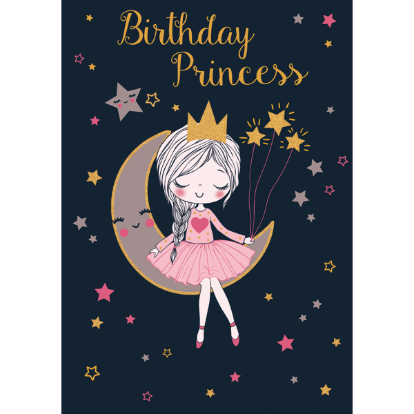 Geburtstag Birthday princess unverpackte Glückwunschkarte mit Umschlag Prinzessin Mond