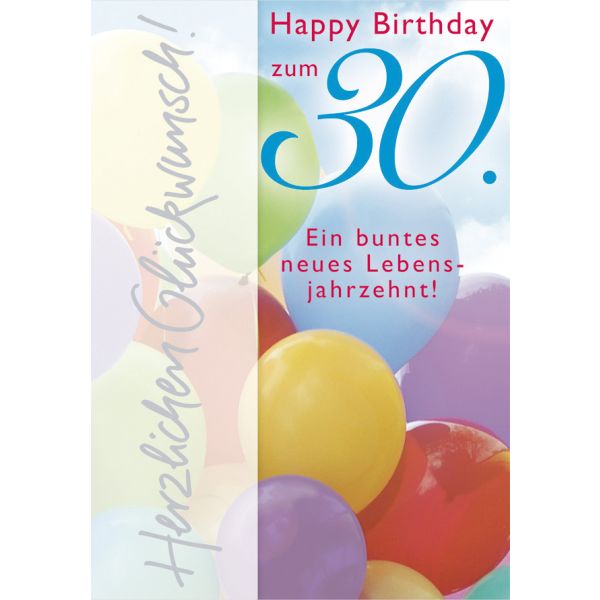 30. Geburtstag Happy Birthday Ballons Glückwunschkarte mit Umschlag