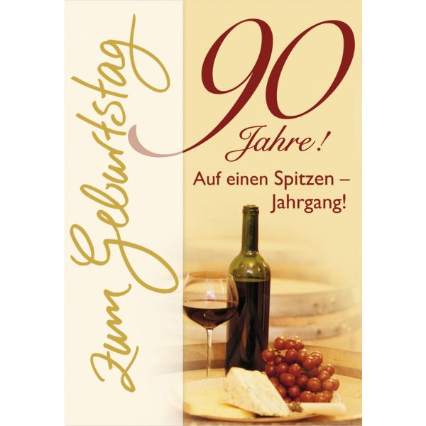 90. Geburtstag Spitzenjahrgang Wein mit Käse Glückwunschkarte mit Umschlag