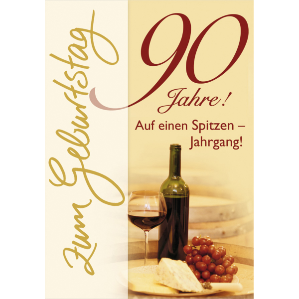 90. Geburtstag Spitzenjahrgang Wein mit Käse Glückwunschkarte mit Umschlag