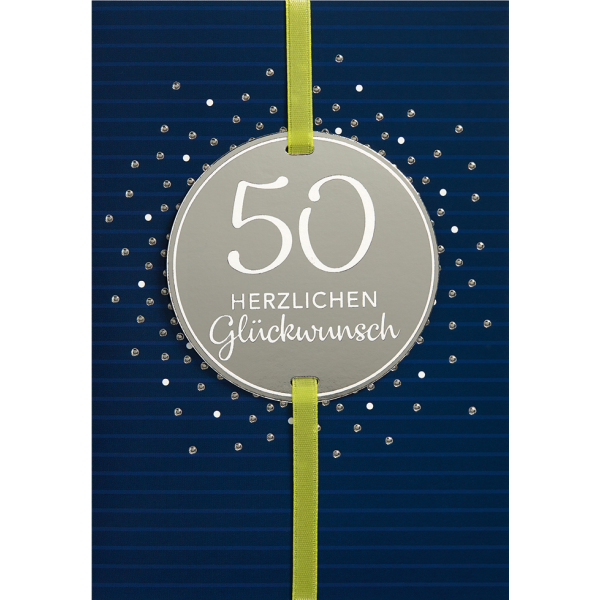 50. Geburtstag Herzlichen Glückwunsch silberne Punkte rotes Band Glückwunschkarte mit Umschlag