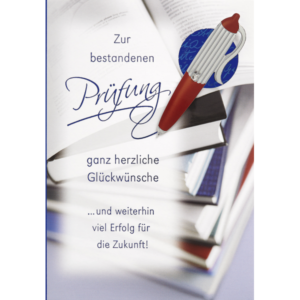 Prüfung Glückwunschkarte mit Umschlag  Zur bestandenen Prüfung ganz herzliche Glückwünsche Bücher und Stift