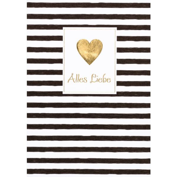 Allgemeine Wünsche Alles Liebe Herz gestreift Black & Gold Glückwunschkarte mit Umschlag