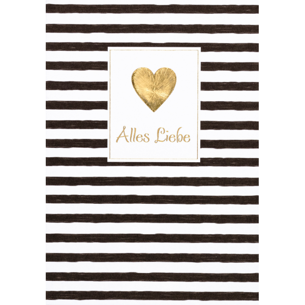 Allgemeine Wünsche Alles Liebe Herz gestreift Black & Gold Glückwunschkarte mit Umschlag
