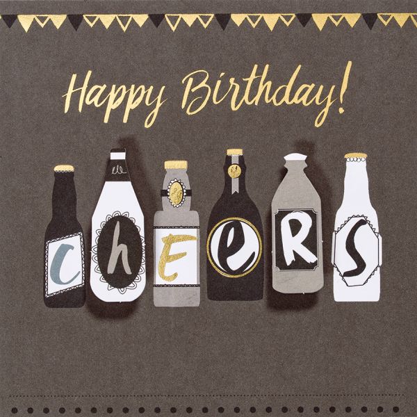 Geburtstag Black & Gold quadratische Glückwunschkarte mit Umschlag Happy Birthday cheers Bierflaschen
