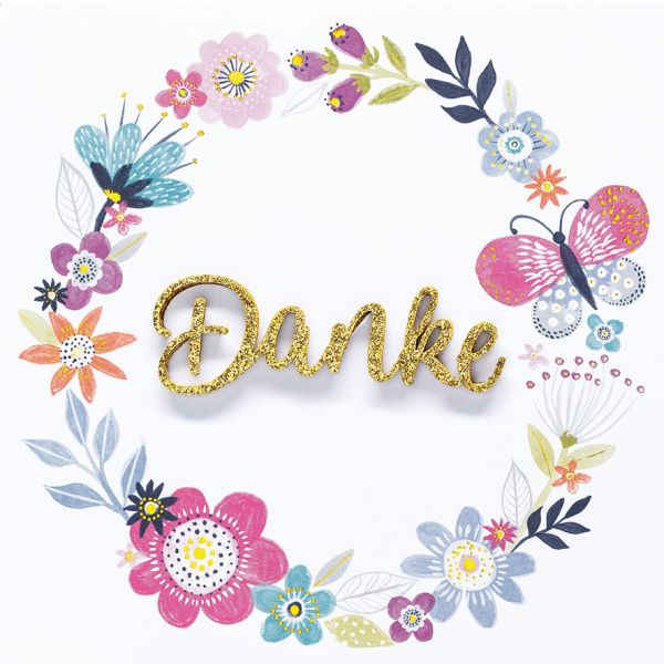Danke Lettering quadratische Glückwunschkarte mit Umschlag Glitzer gold Blumen