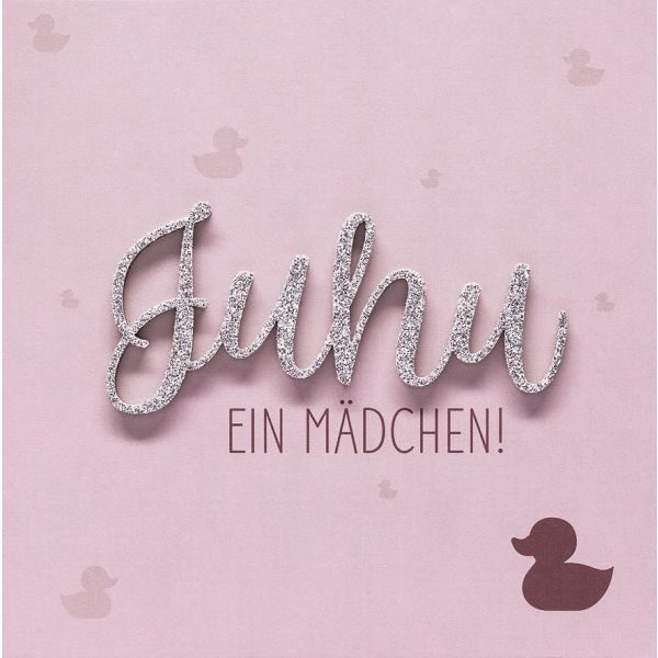 Geburt Baby Freudiges Ereignis Lettering quadratische Glückwunschkarte mit Umschlag Juhu! Ein Mädchen! Glitzer rosa