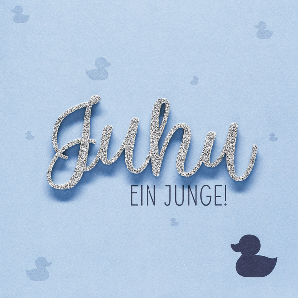 Geburt Baby Freudiges Ereignis Lettering quadratische Glückwunschkarte mit Umschlag Juhu! Ein Junge! Glitzer blau