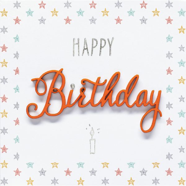 Geburtstag quadratische Glückwunschkarte mit Umschlag Lettering Happy Birthday Kerze und bunte Sterne
