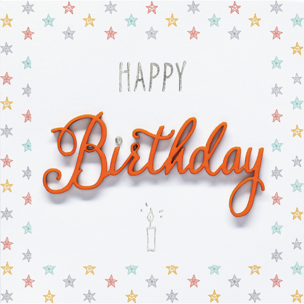 Geburtstag quadratische Glückwunschkarte mit Umschlag Lettering Happy Birthday Kerze und bunte Sterne