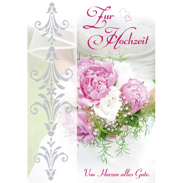 A Hochzeit Vermählung Glückwunschkarte mit Umschlag  Zur Hochzeit von Herzen alles Gute. Braut mit Brautstrauß