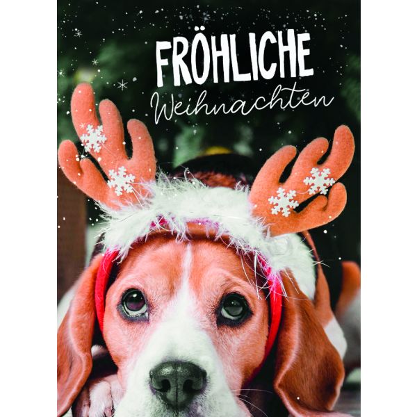 Weihnachten Miniklammer Glückwunschkarten Hund mit Rentierohren