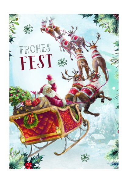 Weihnachten – Miniklammer - Glückwunschkarten im Format 5,5 x 7,5 cm - Gezeichneter Rentierschlitten mit Weihnachtsmann, Weihnachtsbaum und Geschenken
