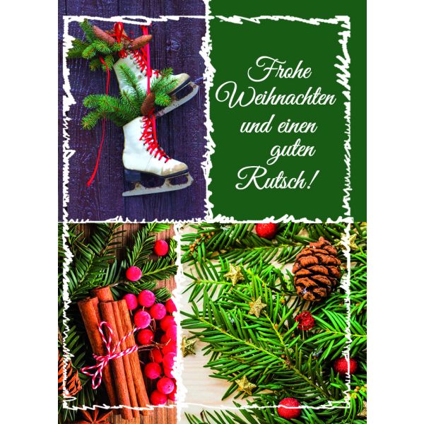 Weihnachten Miniklammer Glückwunschkarten Schlittschuhe, Zimtstangen, Tannenzweige