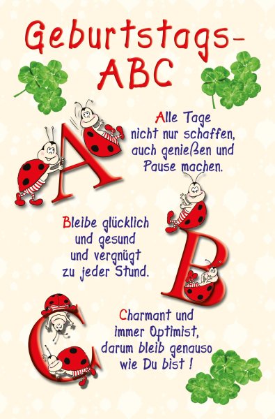 Geburtstag - Glückwunschkarte im Format 11,5 x 17 cm mit Umschlag - Käfer ABC