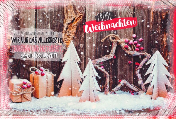 Weihnachten - Glückwunschkarten im Format 17 x 11,5 cm - Geschenke, Holzweihnachtsbäume, Stern