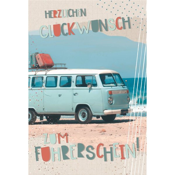 Führerschein - Glückwunschkarte im Format 11,5 x 17 cm mit Umschlag - VW Bus am Strand