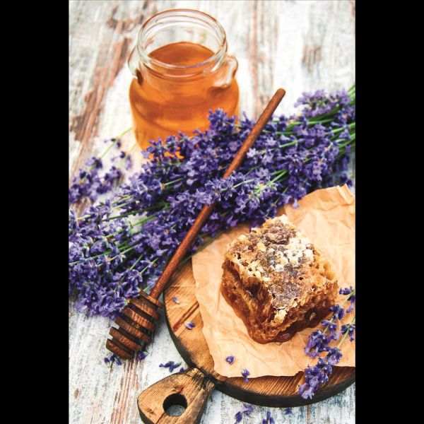 Ohne Text Glückwunschkarte mit Umschlag Honigglas, Honiglöffel, Blumen, Kuchen