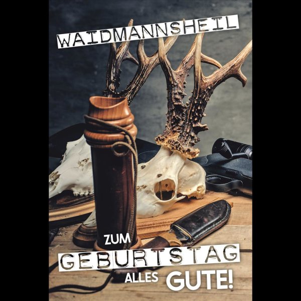 Geburtstag - Glückwunschkarte im Format 11,5 x 17 cm mit Umschlag - Jagdmesser, Köcher, Jagdtrophäen