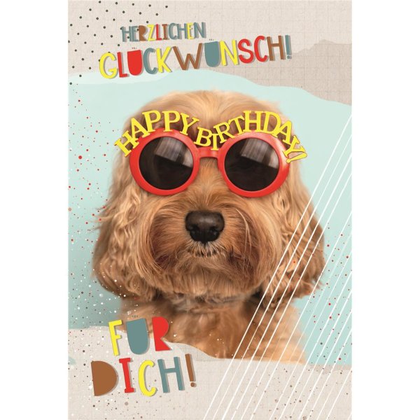 Geburtstag - Glückwunschkarte im Format 11,5 x 17 cm mit Umschlag - Hund mit Sonnenbrille