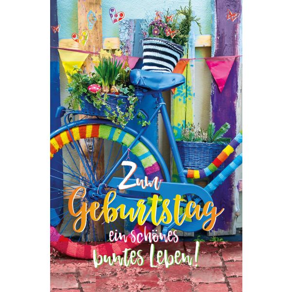 Geburtstag Glückwunschkarte mit Umschlag buntes Fahrrad, Pflanzen