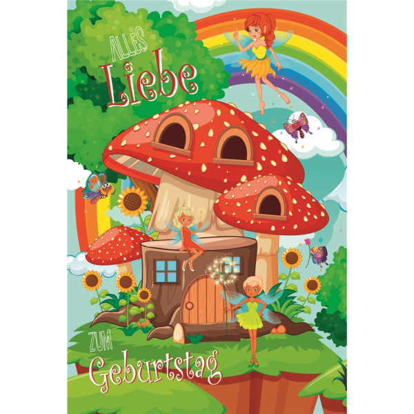 Geburtstag Glückwunschkarte mit Umschlag Fliegenpilzhaus, Feen, Sonnenblumen