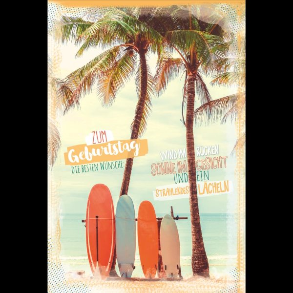 Geburtstag - Glückwunschkarte im Format 11,5 x 17 cm mit Umschlag - Surfbretter an Palmen