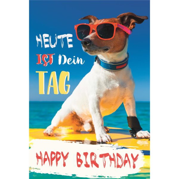 Geburtstag - Glückwunschkarte im Format 11,5 x 17 cm mit Umschlag - Hund mit Sonnenbrille auf Surfbrett