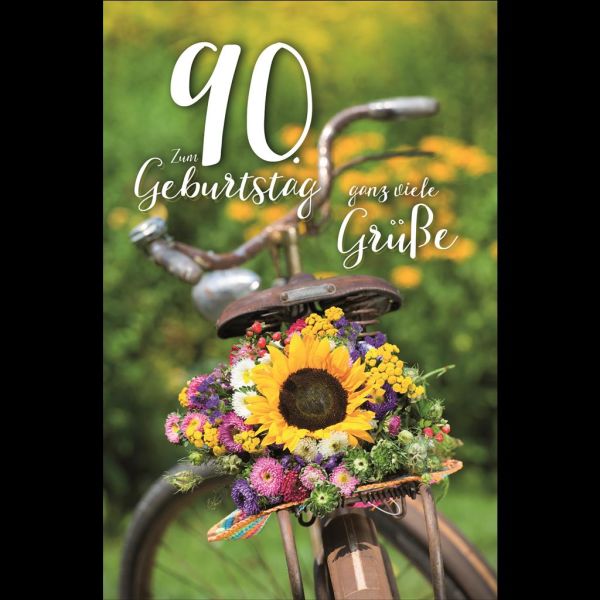 A 90. Geburtstag Karte mit Umschlag Blumen auf Fahrradgepäckträger