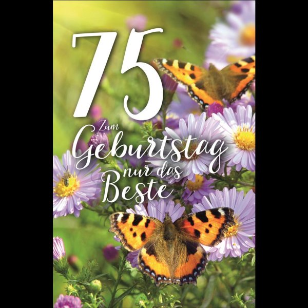 75 . Geburtstag - Glückwunschkarte im Format 11,5 x 17 cm mit Umschlag - Blumen, Schmetterlinge