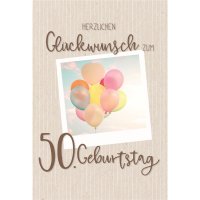 50. Geburtstag - Karte mit Umschlag - bunte Luftballons