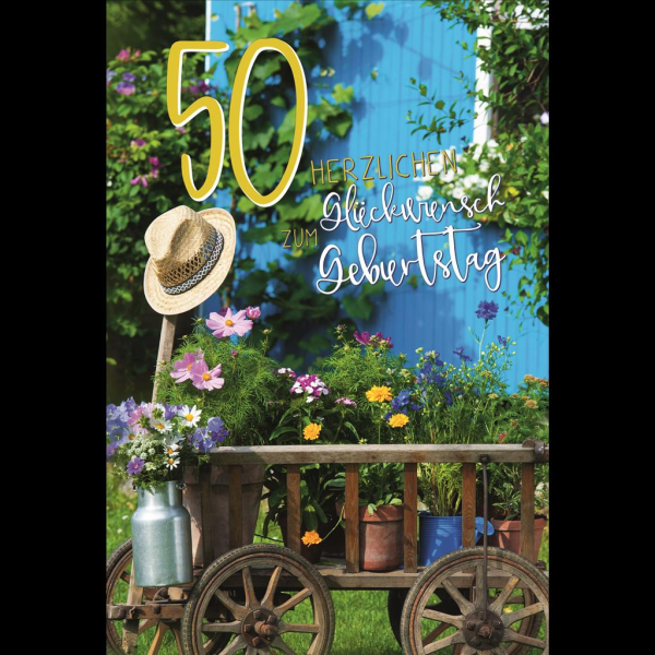 50. Geburtstag Karte mit Umschlag Blumen auf Wagen