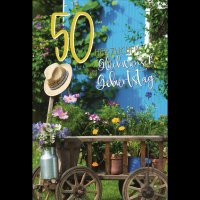 50. Geburtstag - Karte mit Umschlag - Blumen auf Wagen