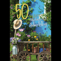50. Geburtstag Karte mit Umschlag Blumen auf Wagen
