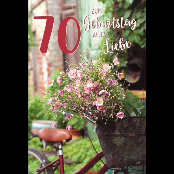 A 70. Geburtstag Karte mit Umschlag Blumen im Eimer am Fahrrad