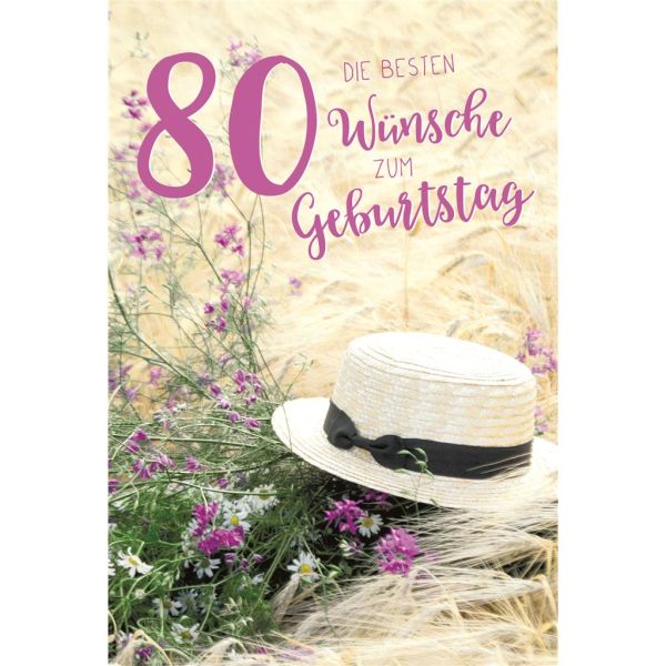 80. Geburtstag Karte mit Umschlag Blumen, Strohhut