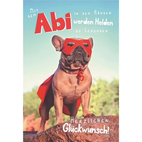 A Abitur Glückwunschkarte mit Umschlag Hund mit Maske und Cape