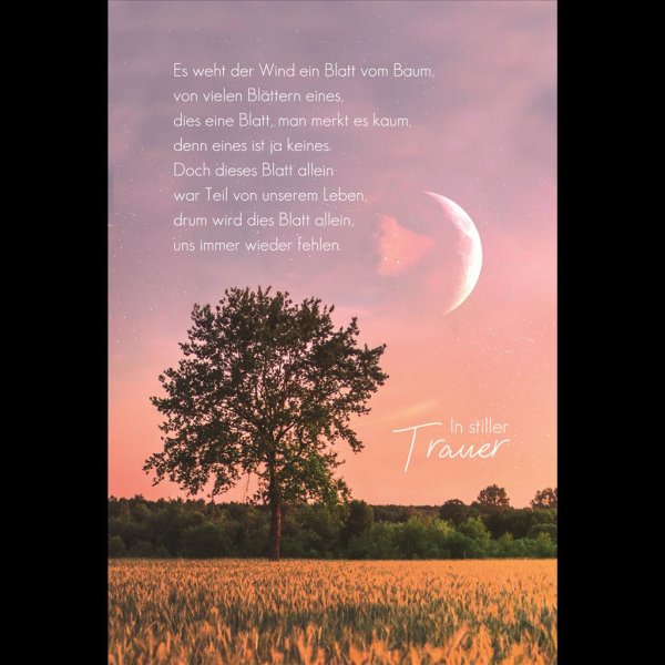Trauer – Beileid – Kondolenz - Trauerkarte im Format 11,5 x 17 cm mit Umschlag - Baum, Mond