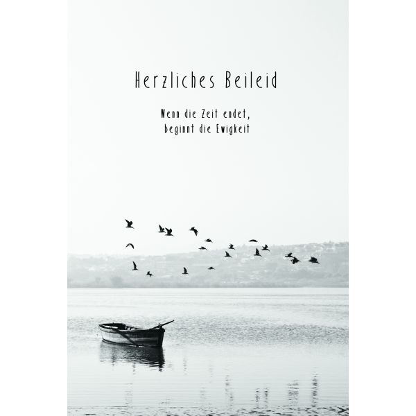 Trauer Beileid Kondolenz Trauerkarte mit Umschlag Ruderboot auf Wasser, Vögel