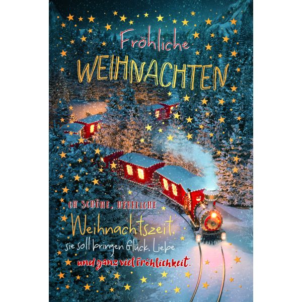 Weihnachten Grußkarte Glückwunschkarte mit Umschlag Zug fährt durch Wald,