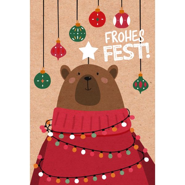 Weihnachten Glückwunschkarten Bär mit Pullover und Lichterkette, Weihnachtsbaumkugeln, Naturkarton