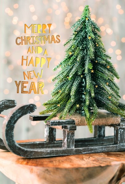 Weihnachten - Glückwunschkarte im Format 11,5 x 17 cm mit Umschlag - Spielzeugschlitten mit Weihnachtsbaum - mit Goldfolie - Skorpion