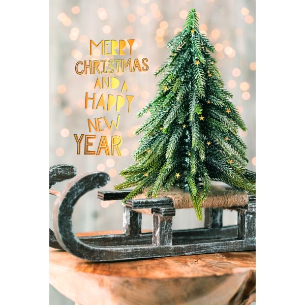 Weihnachten Glückwunschkarte mit Umschlag Spielzeugschlitten mit Weihnachtsbaum mit Goldfolie