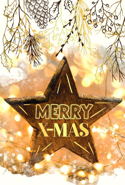 Weihnachten - Glückwunschkarte im Format 11,5 x 17 cm mit Umschlag - Holzstern - mit Goldfolie - Skorpion