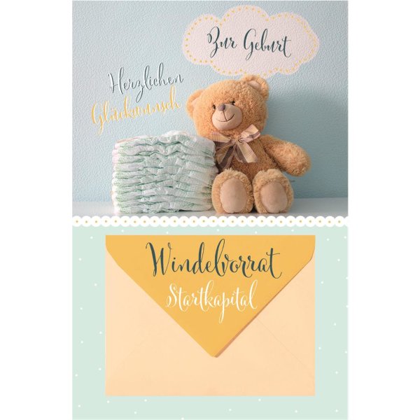 Geburt – Baby – Freudiges Ereignis – Geldkarte - Glückwunschkarte im Format 11,5 x 17 cm mit Umschlag - Teddybär und Windeln, gestanzt