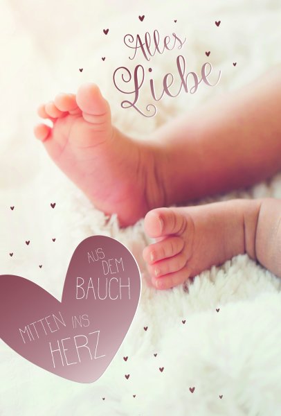 Geburt – Baby – Freudiges Ereignis - Glückwunschkarte im Format 11,5 x 17 cm mit Umschlag - Babyfüße - mit roségoldener Metallicfolie