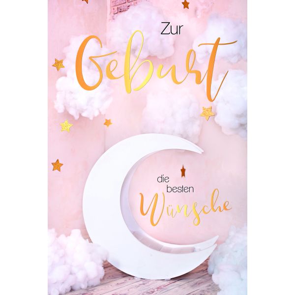 Geburt Baby Freudiges Ereignis Glückwunschkarte mit Umschlag Mondwiege mit Goldfolie