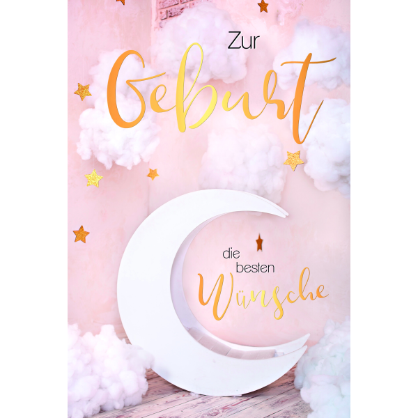 Geburt Baby Freudiges Ereignis Glückwunschkarte mit Umschlag Mondwiege mit Goldfolie